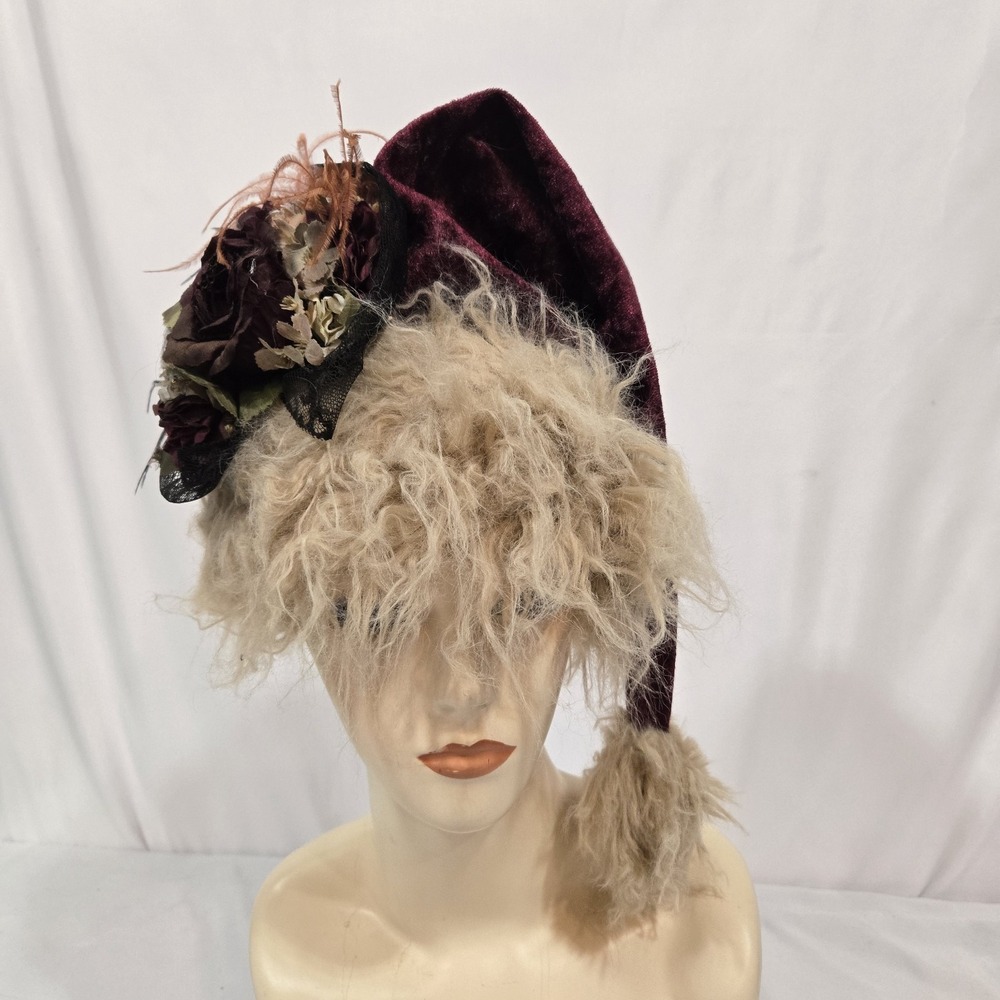 Hopeless Romantic Burgundy Velvet Santa Hat Lambswool Floral Small 6 3/8